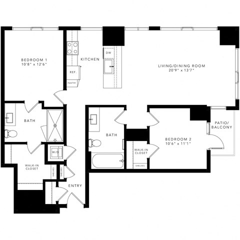 Floor plan for 2 beds, 2 baths, 1165 sqft